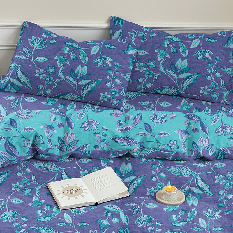 Blue & Purple Leaf Cotton Duvet Cover Bedding Set