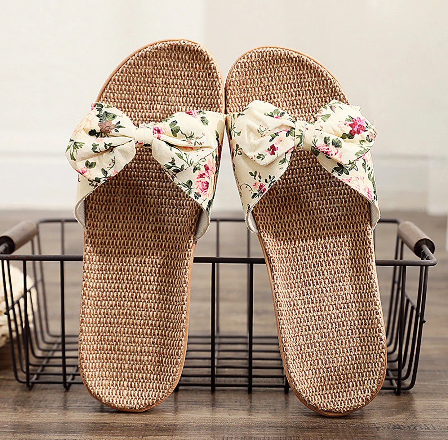 Woven Floral Bow Linen House Slippers