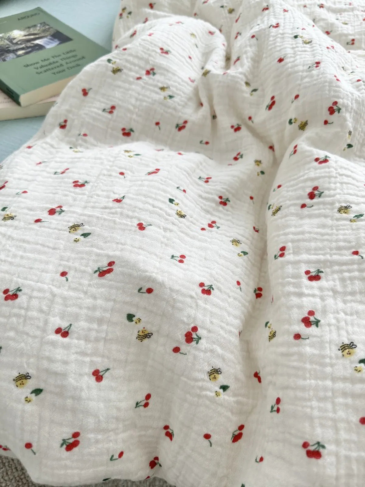 Textured Cherry & Bee Print Washed Cotton Bedding Set