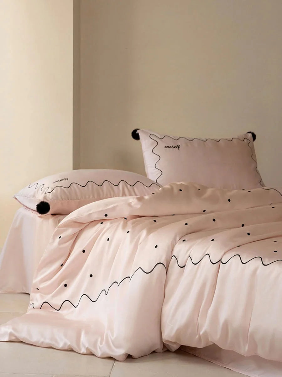 Silky Pom Pom Wavy Embroidered Tencel Bedding Set