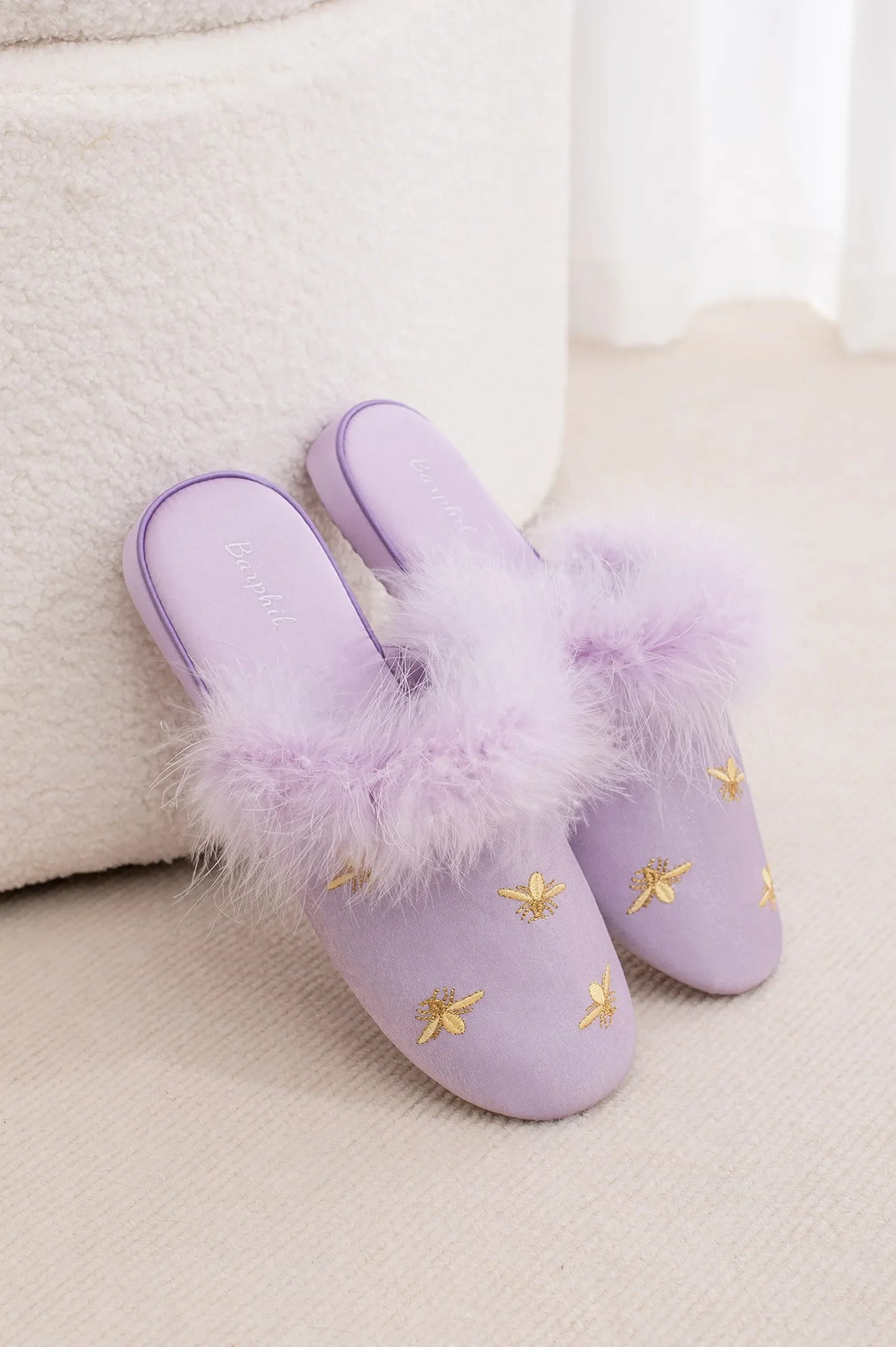 Fluffy Embroidered Bee Satin House Slippers