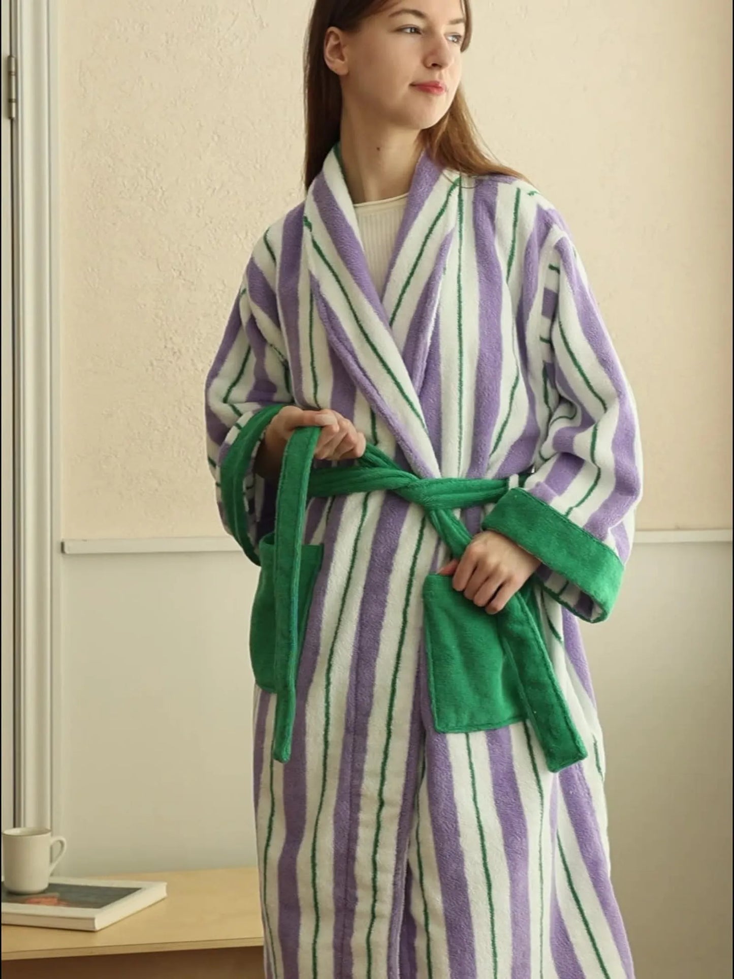 Plush Purple & Green Striped Cotton Robe