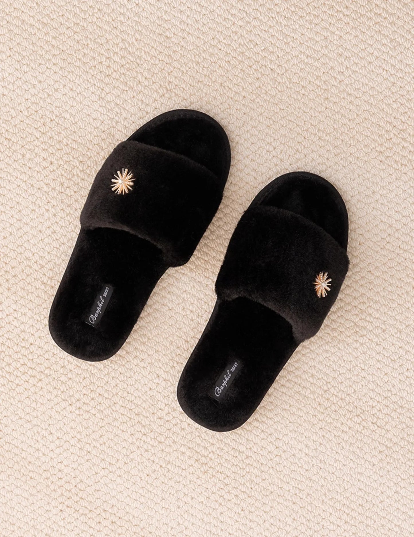 Plush Jeweled Flower Faux Fur House Slippers