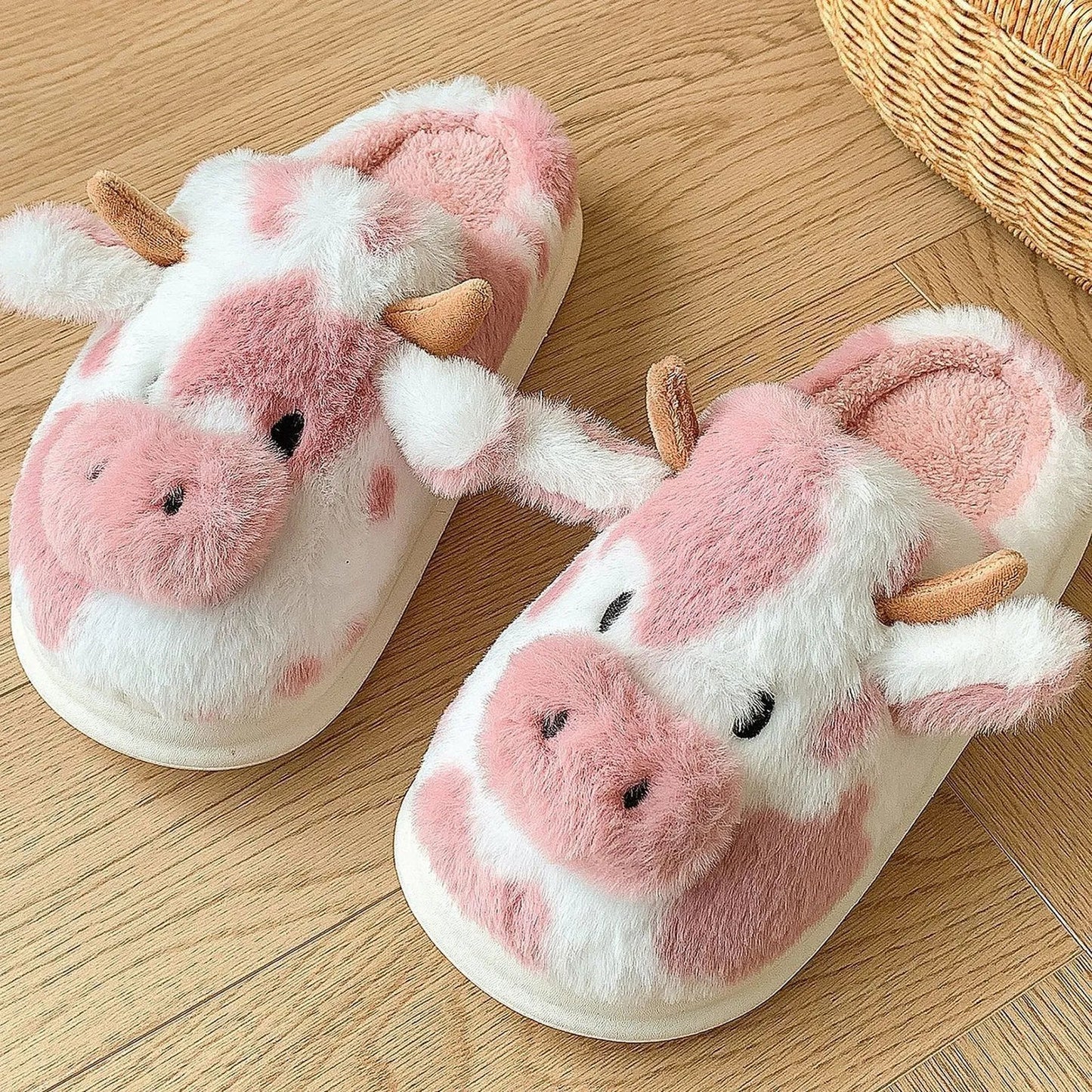 Fuzzy Cow Print Plush House Slippers