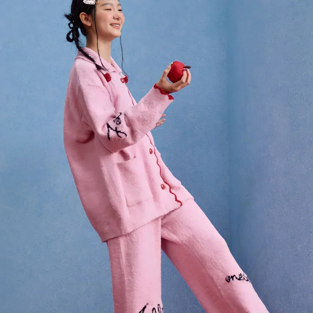 Plush Embroidered Pom-Pom Fleece Pajama Set