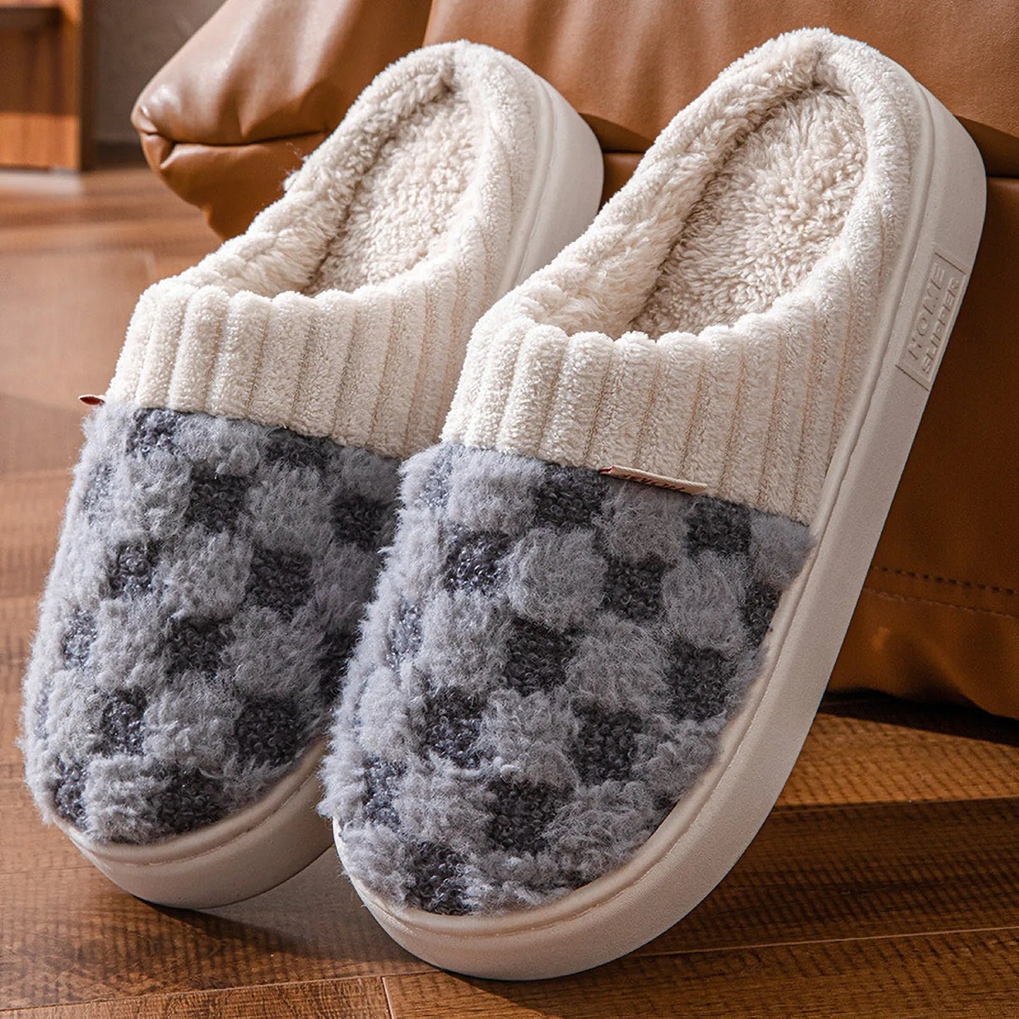 Fuzzy Checkered Plush Fleece House Slippers