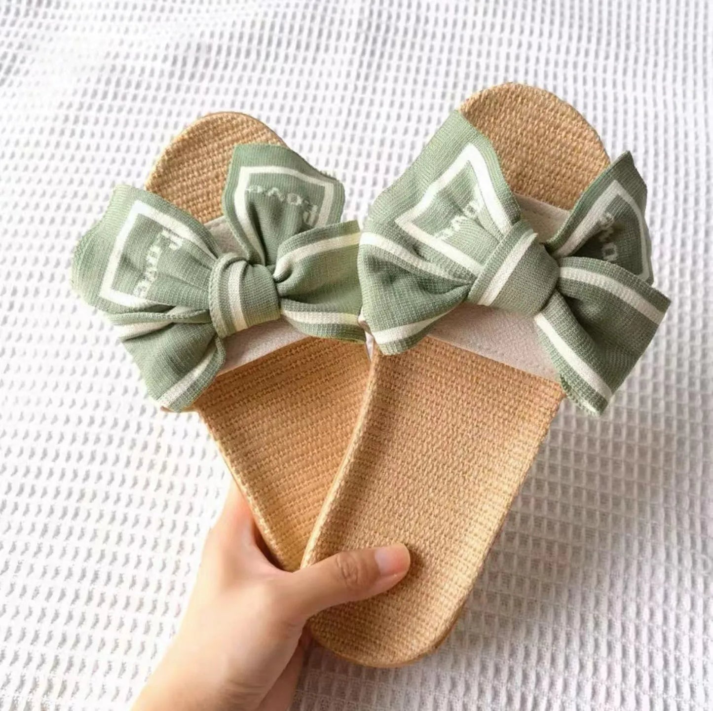 Breathable Woven "Love" Bow Linen House Slippers
