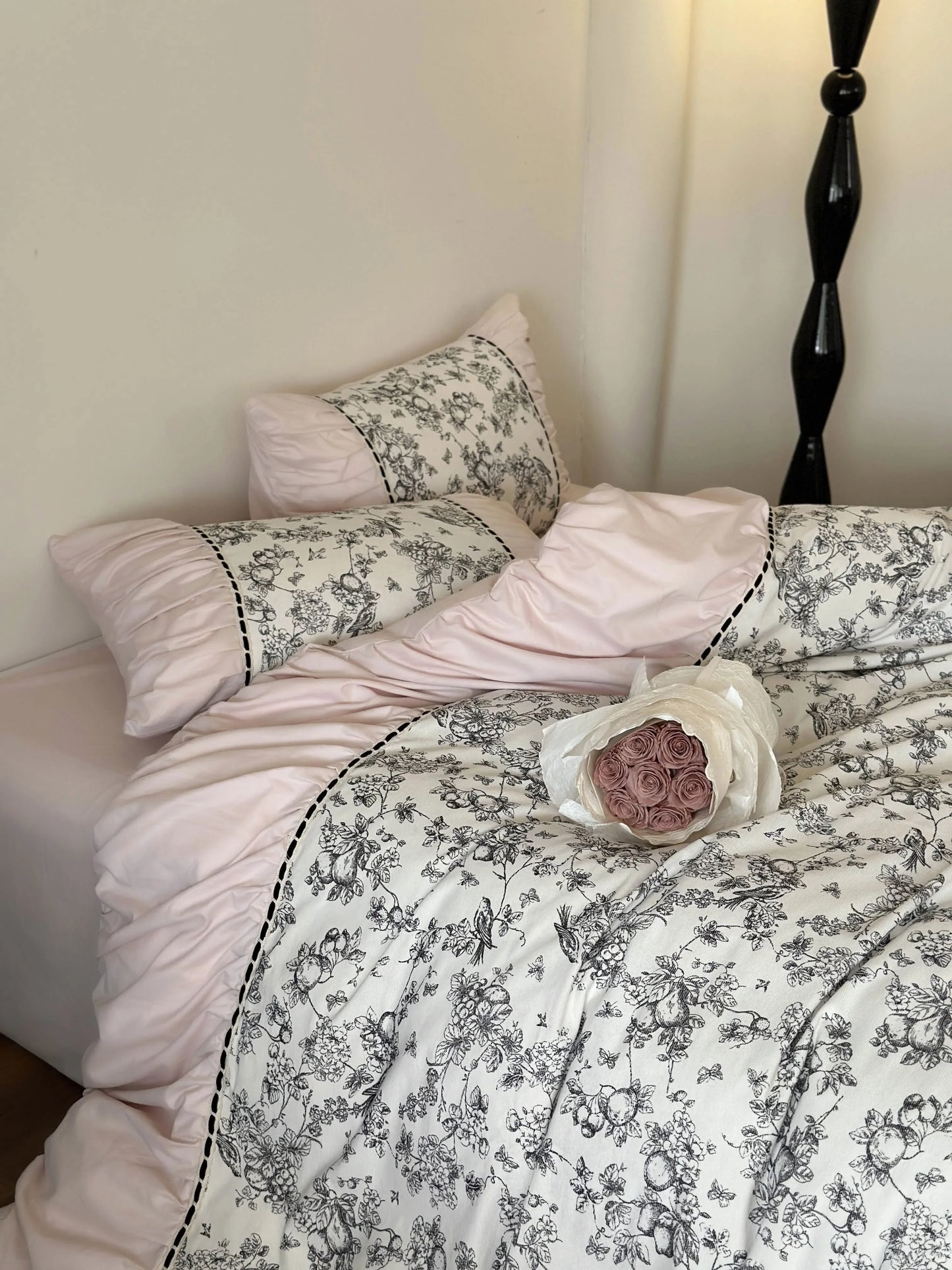 Ruffled Botanical Toile Washed Cotton Bedding Set