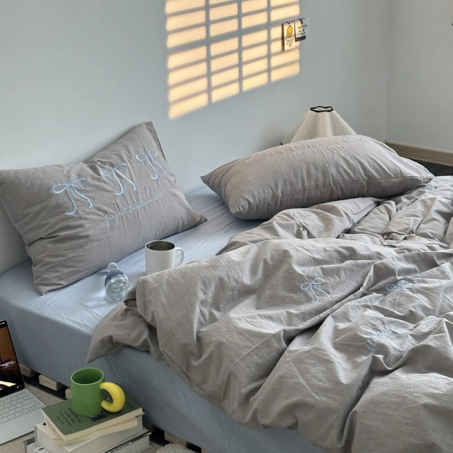 Textured Embroidered Bowknot Washed Cotton Bedding Set