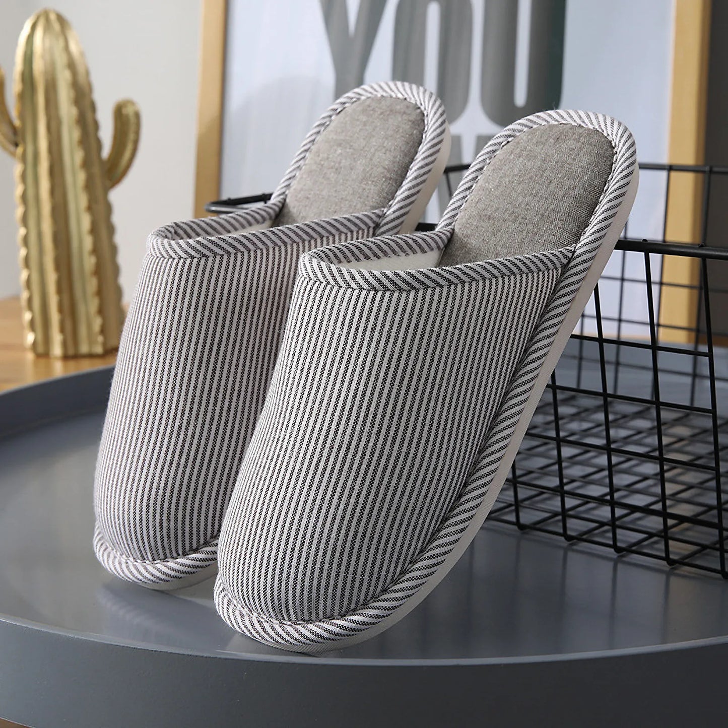 Breathable Pinstripe Cotton House Slippers