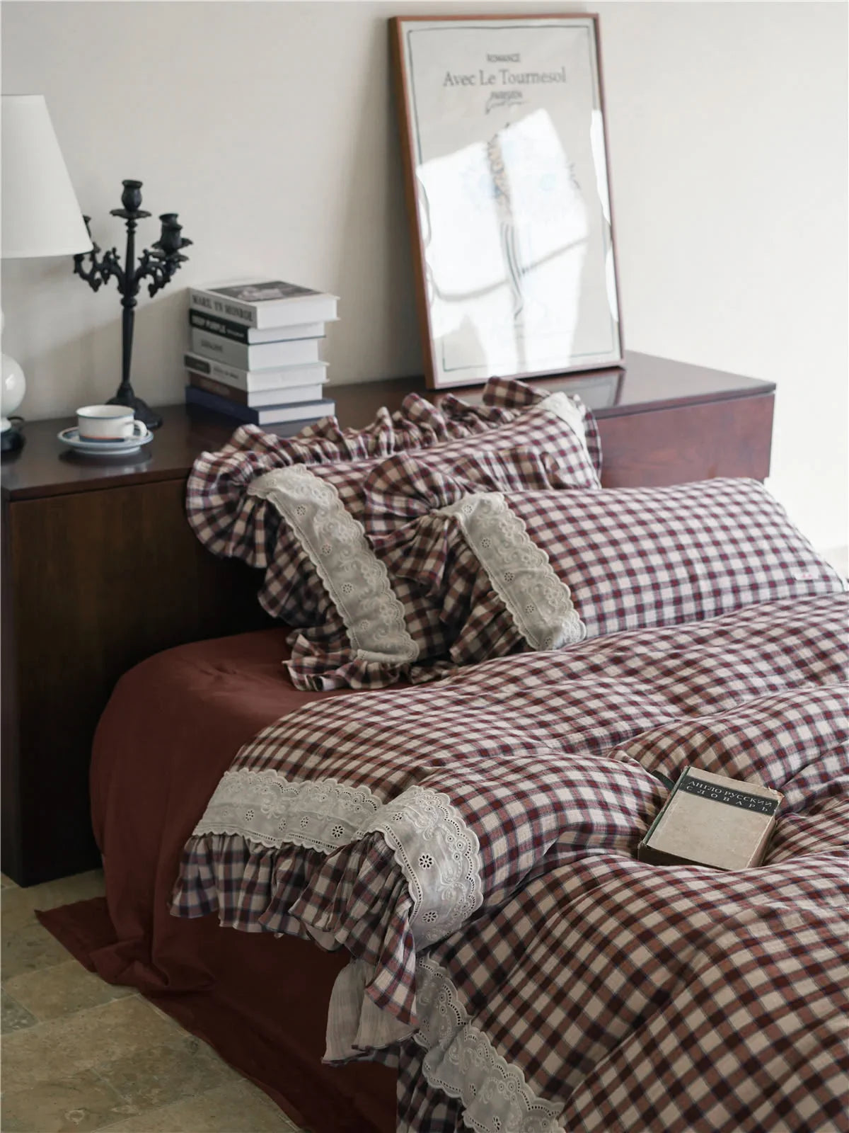 Lace Ruffle Gingham Washed Cotton Bedding Set
