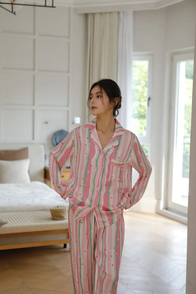 Silky Wavy Striped & Heart Print Cotton Sateen Pajama