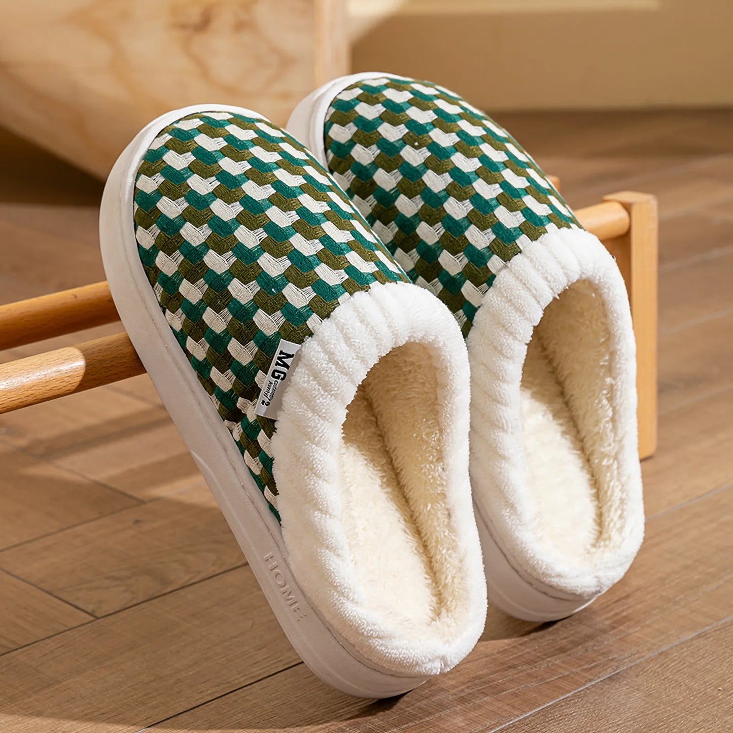 Fuzzy Woven Gingham Plush House Slippers