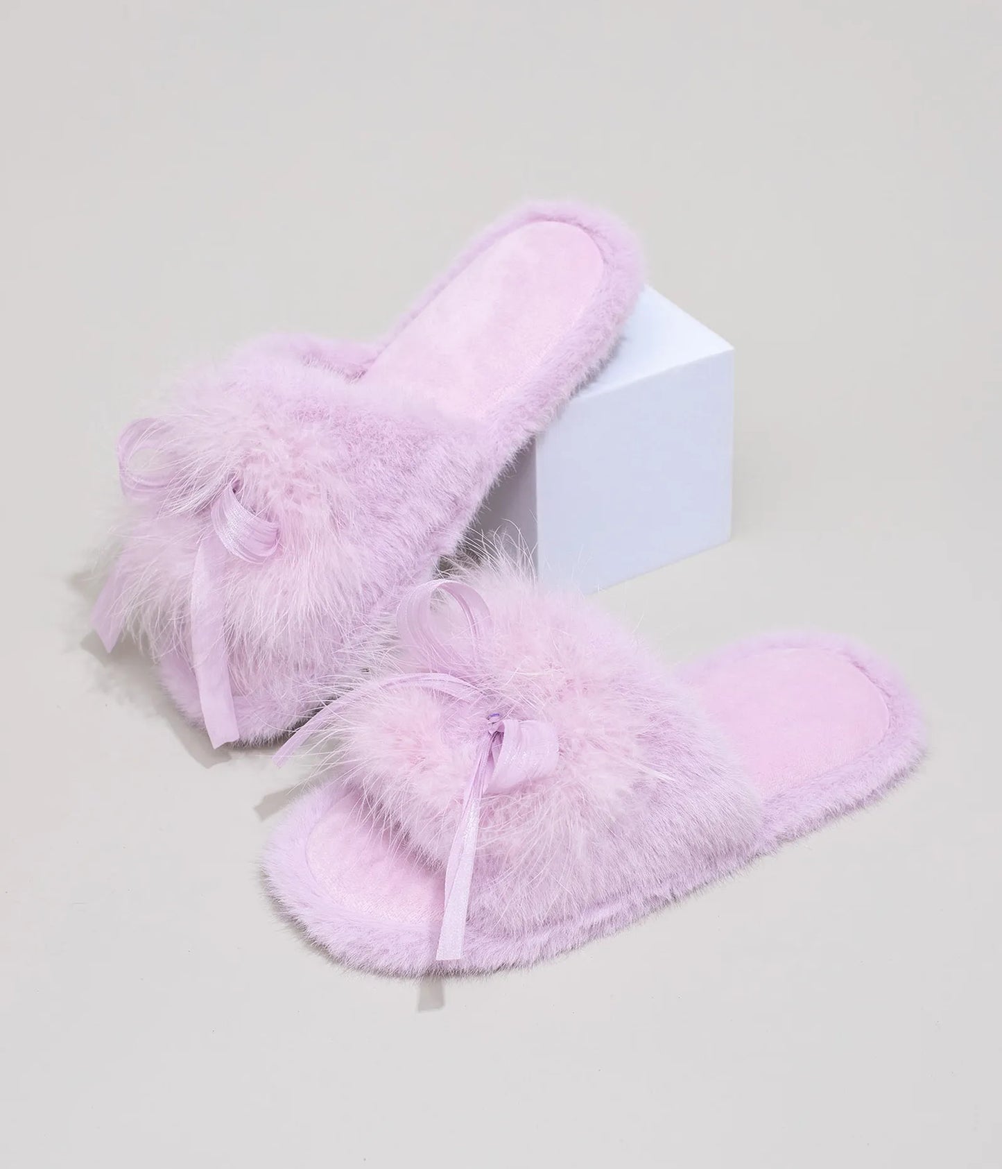 Plush Satin Bow Faux Fur House Slippers