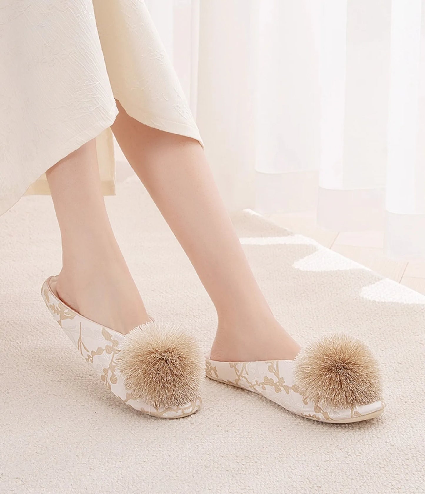 Fluffy Floral Jacquard Cotton Sateen House Slippers