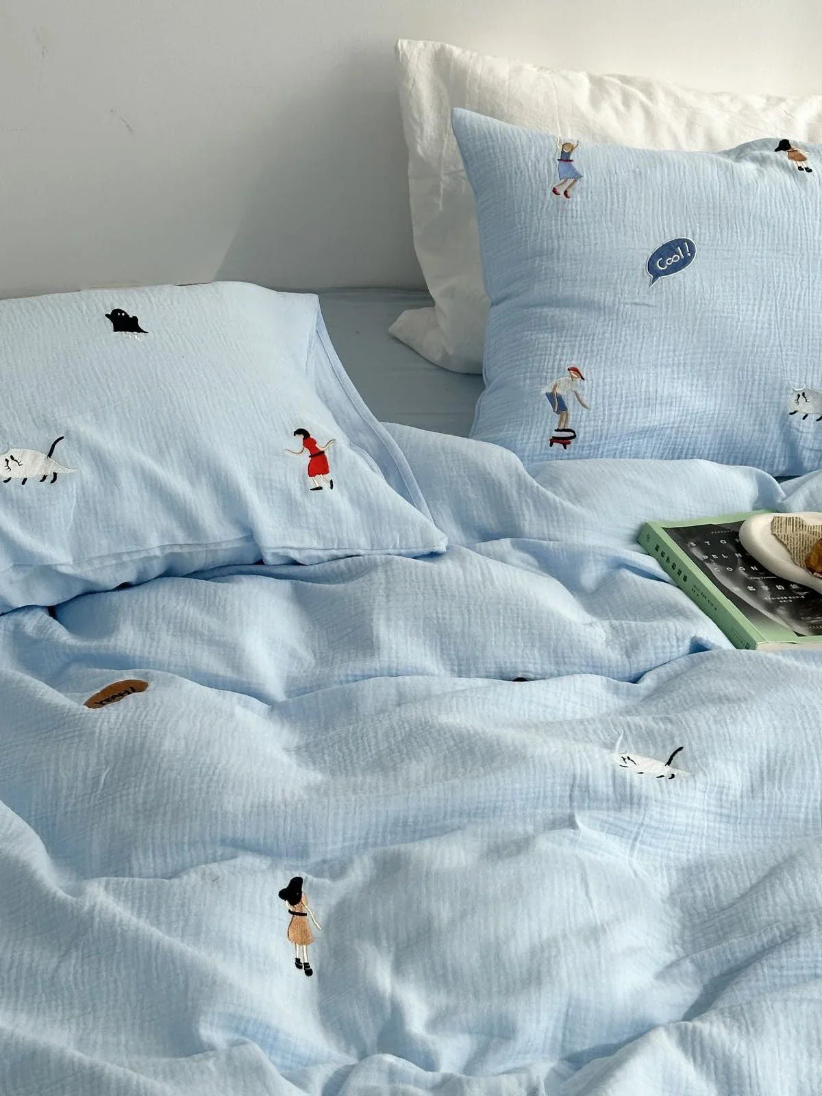 Textured Whimsical Embroidered Washed Cotton Bedding Set