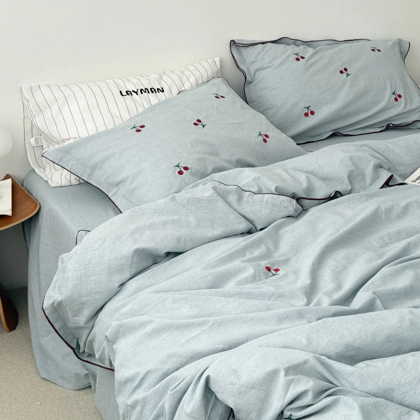 Soft Embroidered Cherry Washed Cotton Bedding Set