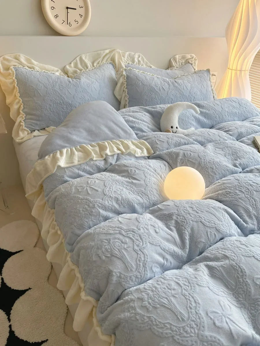 Plush Ruffled Embossed Bow Flannel Fleece Bedding Set