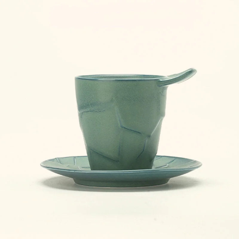Textured Geometric Ceramic Coffee Cup & Saucer Set
