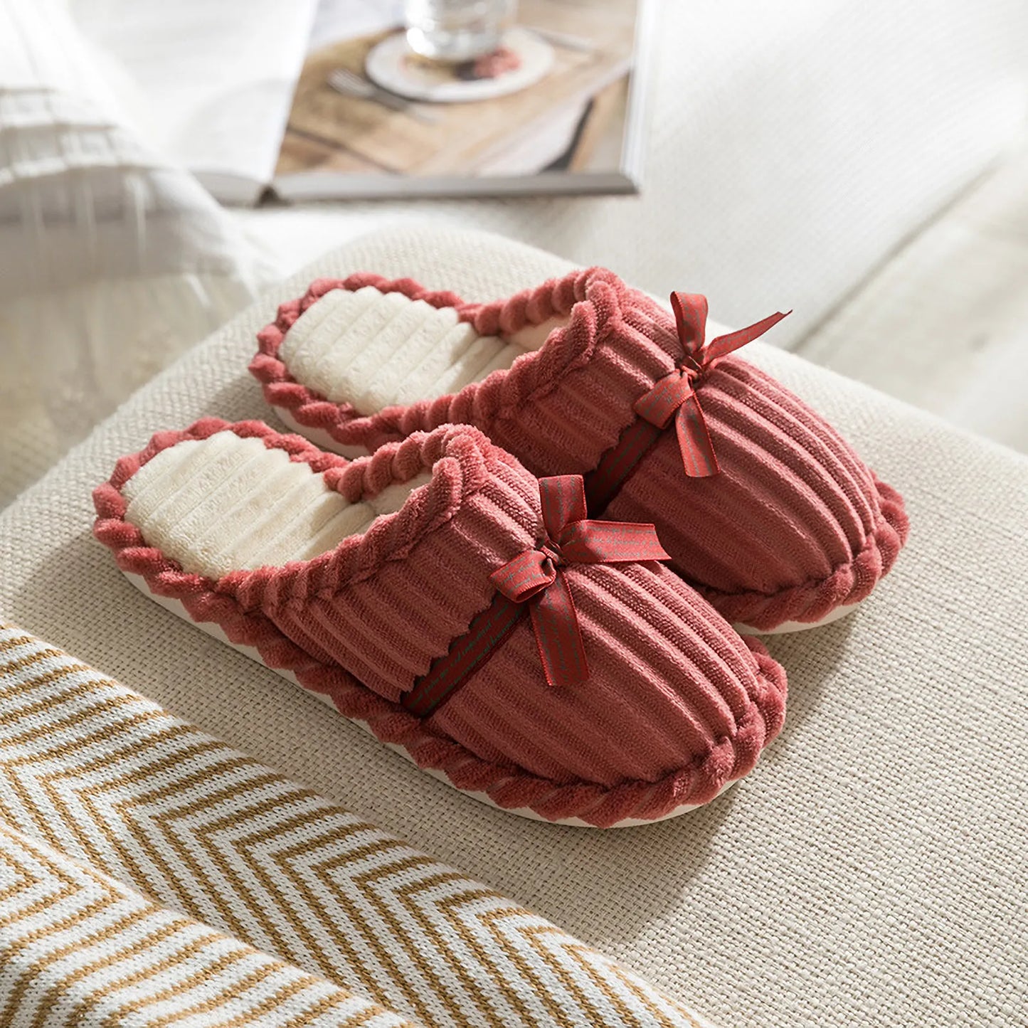 Plush Ribbed Bow Corduroy House Slippers