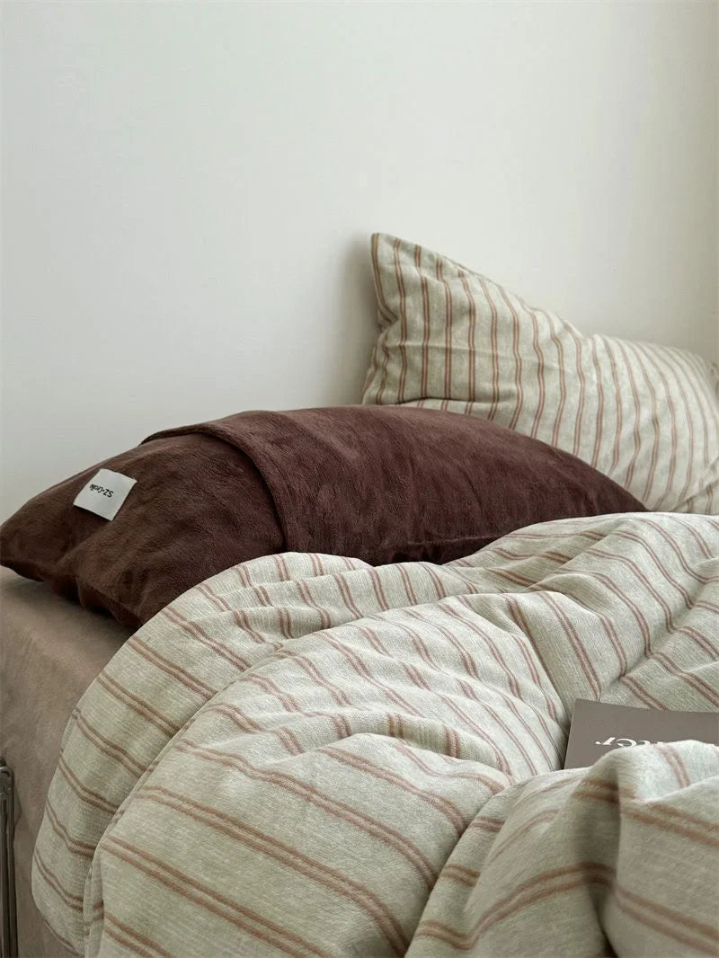 Plush Pinstripe Flannel Fleece Bedding Set