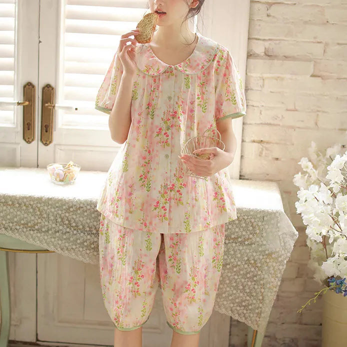 Soft Ruched Floral Washed Cotton Pajama Set