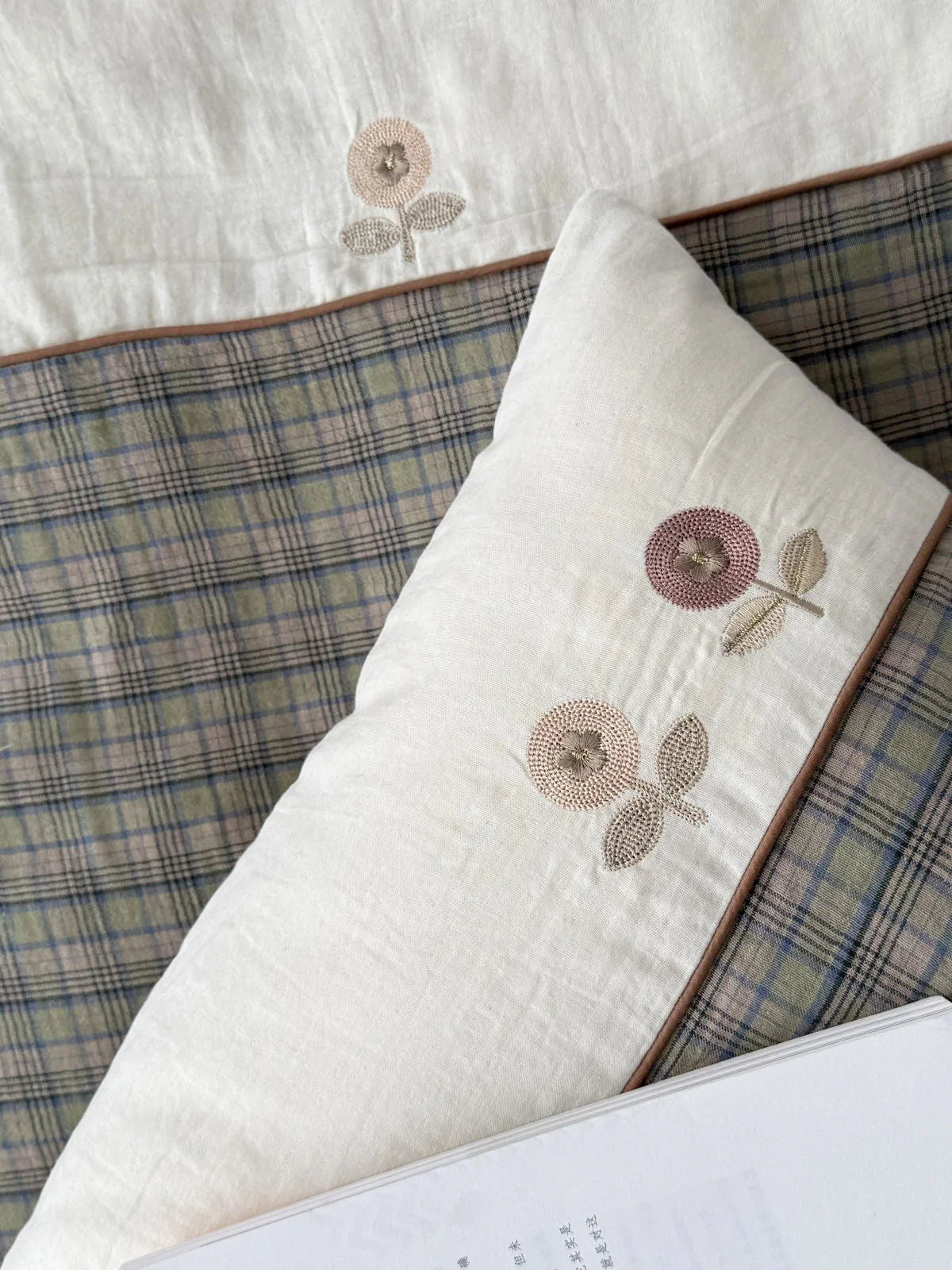 Soft Embroidered Floral Plaid Washed Cotton Bedding Set