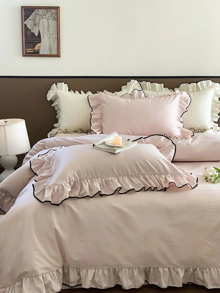Silky Ruffled Jacquard Tencel Bedding Set with Contrast Trim