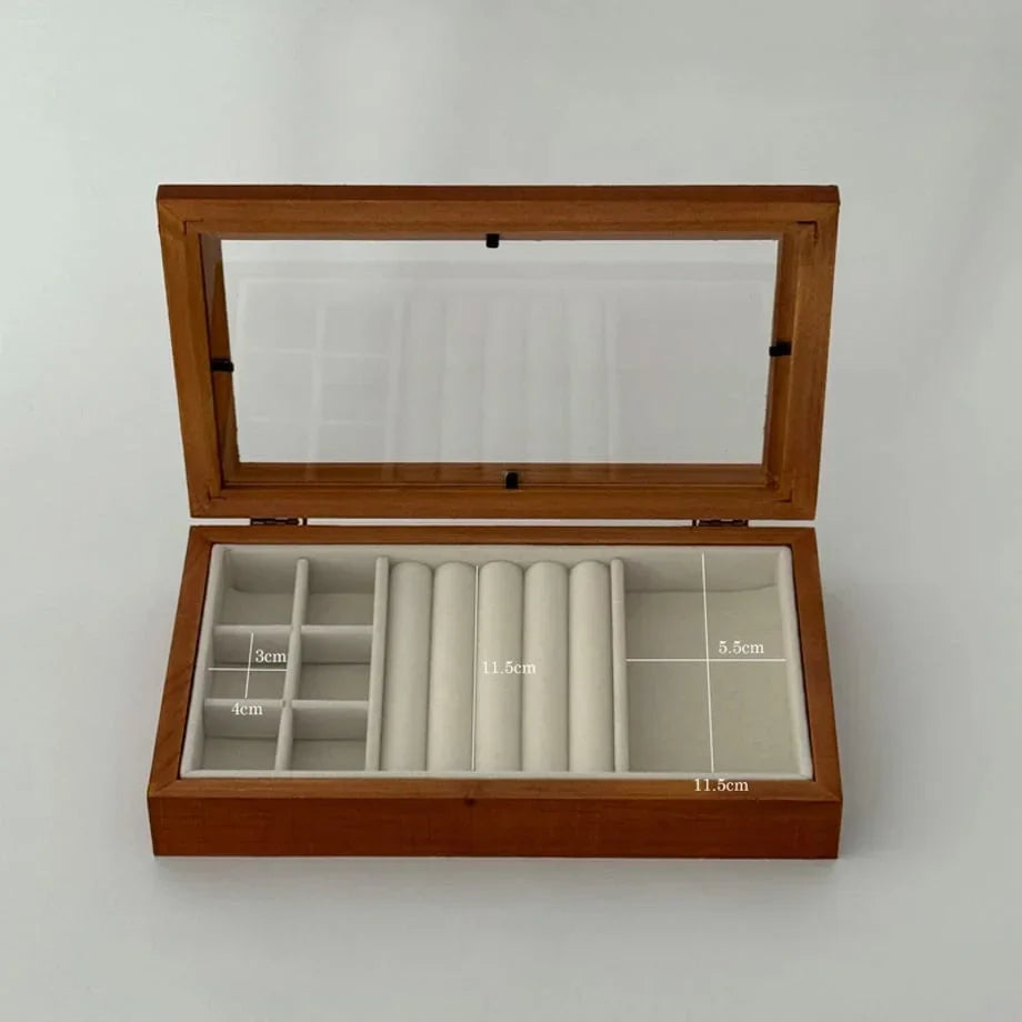 Polished Wood Jewelry Organizer with Glass Lid