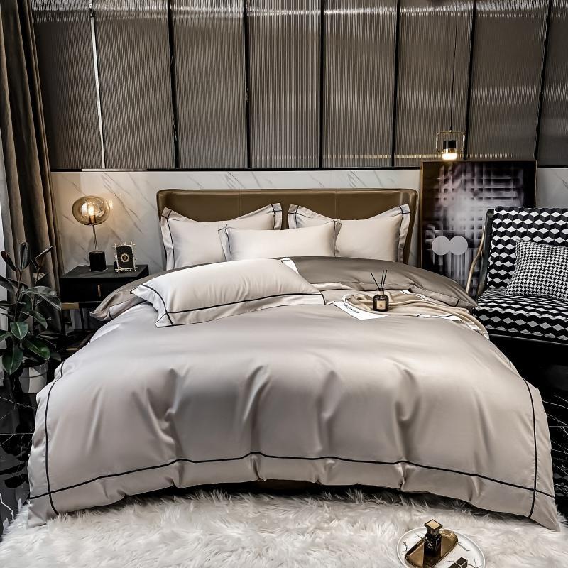 Kaelyn Stone Taupe Hotel Trim Luxury Egyptian Cotton Bedding Set