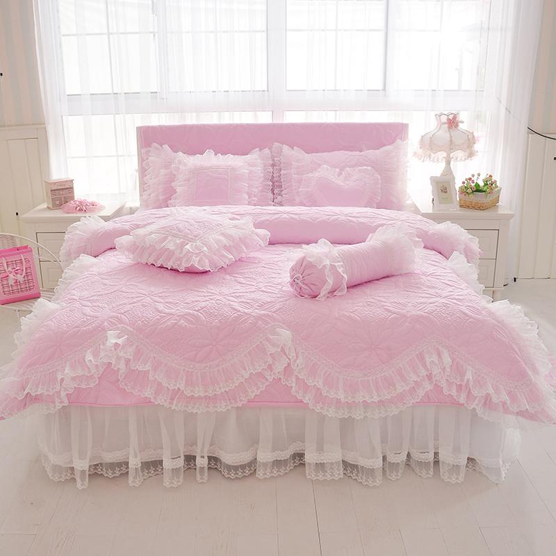 Amani Pink Double-Layered Ruffled Cotton Lace Bedding Set