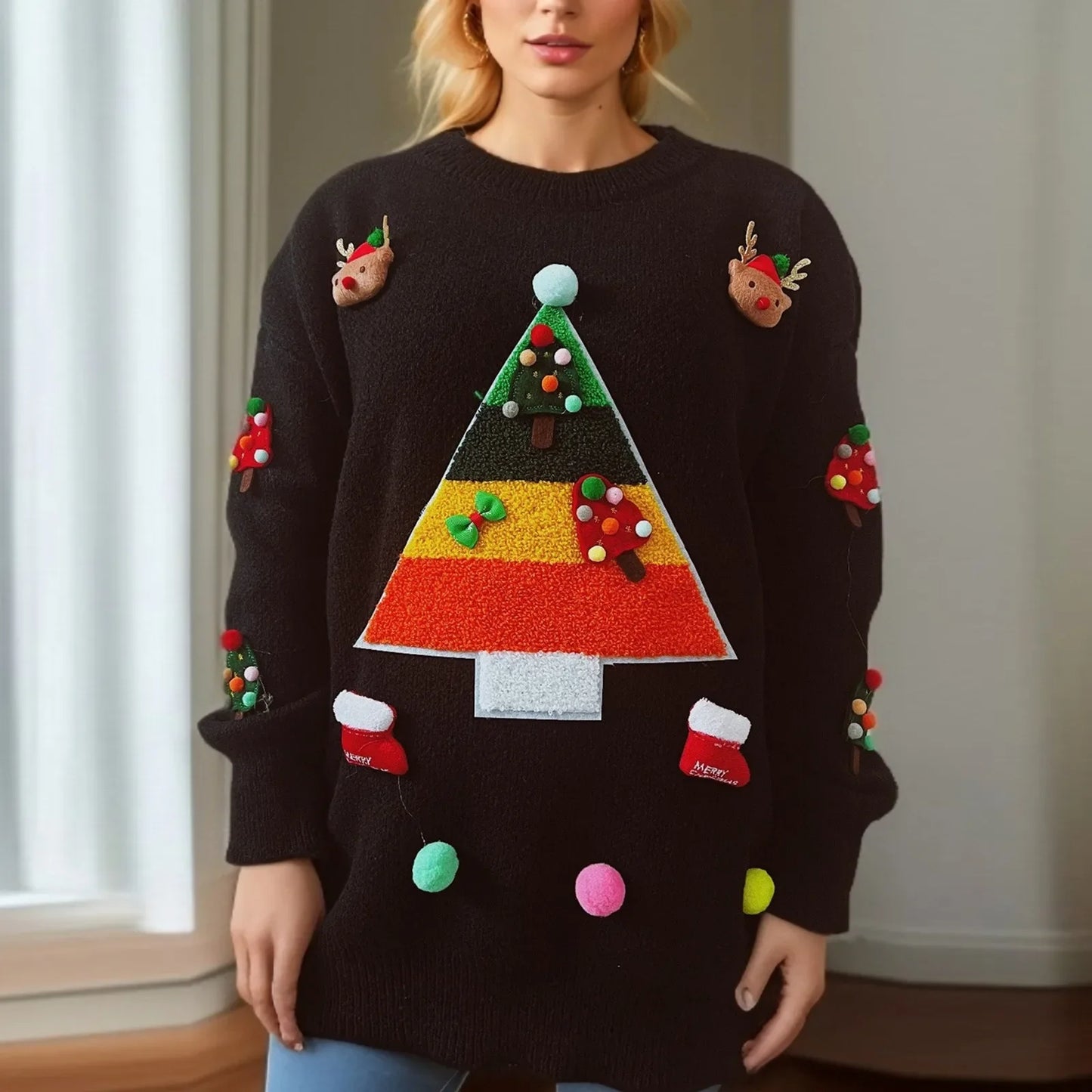 Whimsical Pom-Pom Christmas Sweater