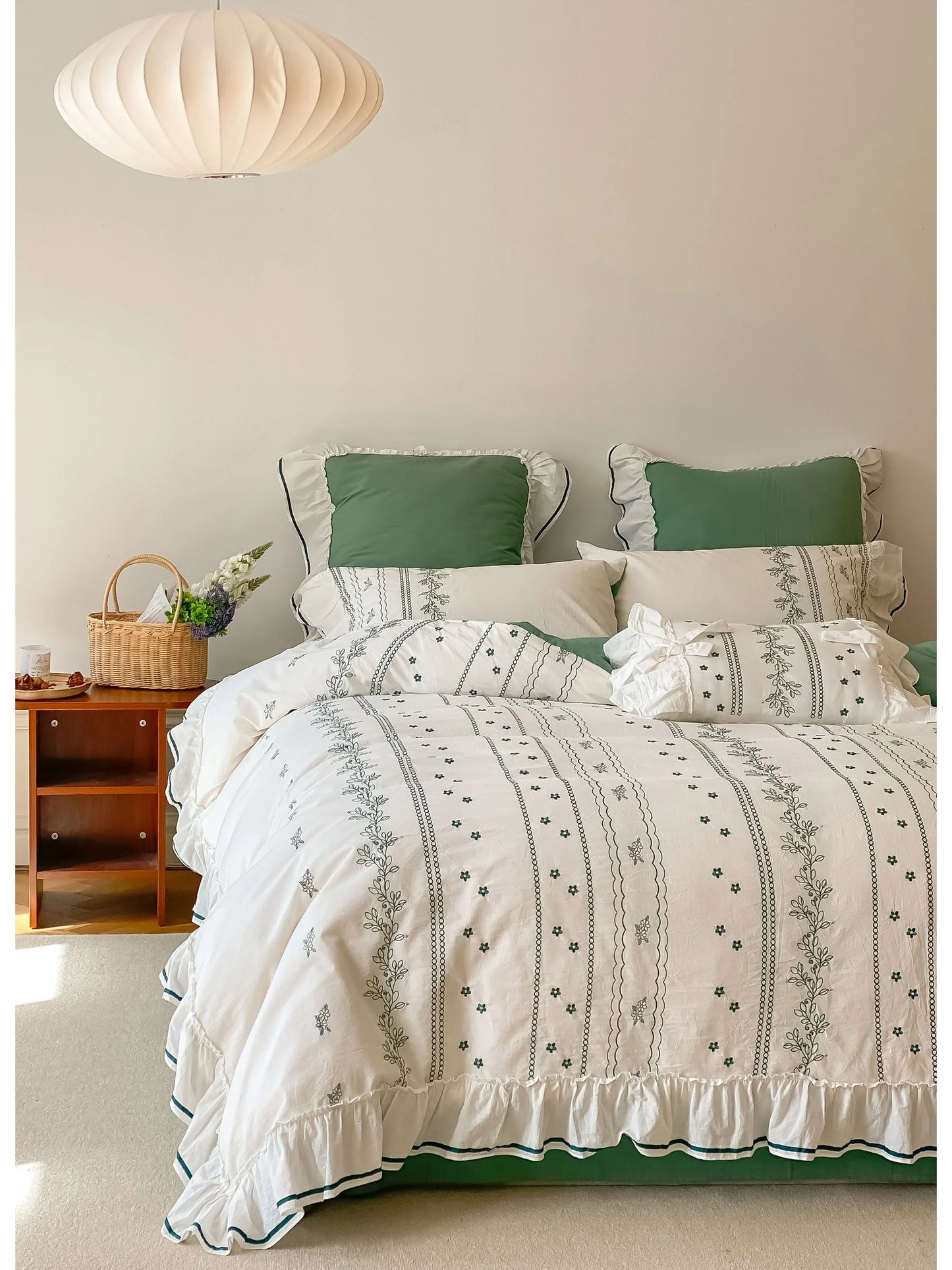 Ruffled Floral Vine Embroidered Cotton Bedding Set