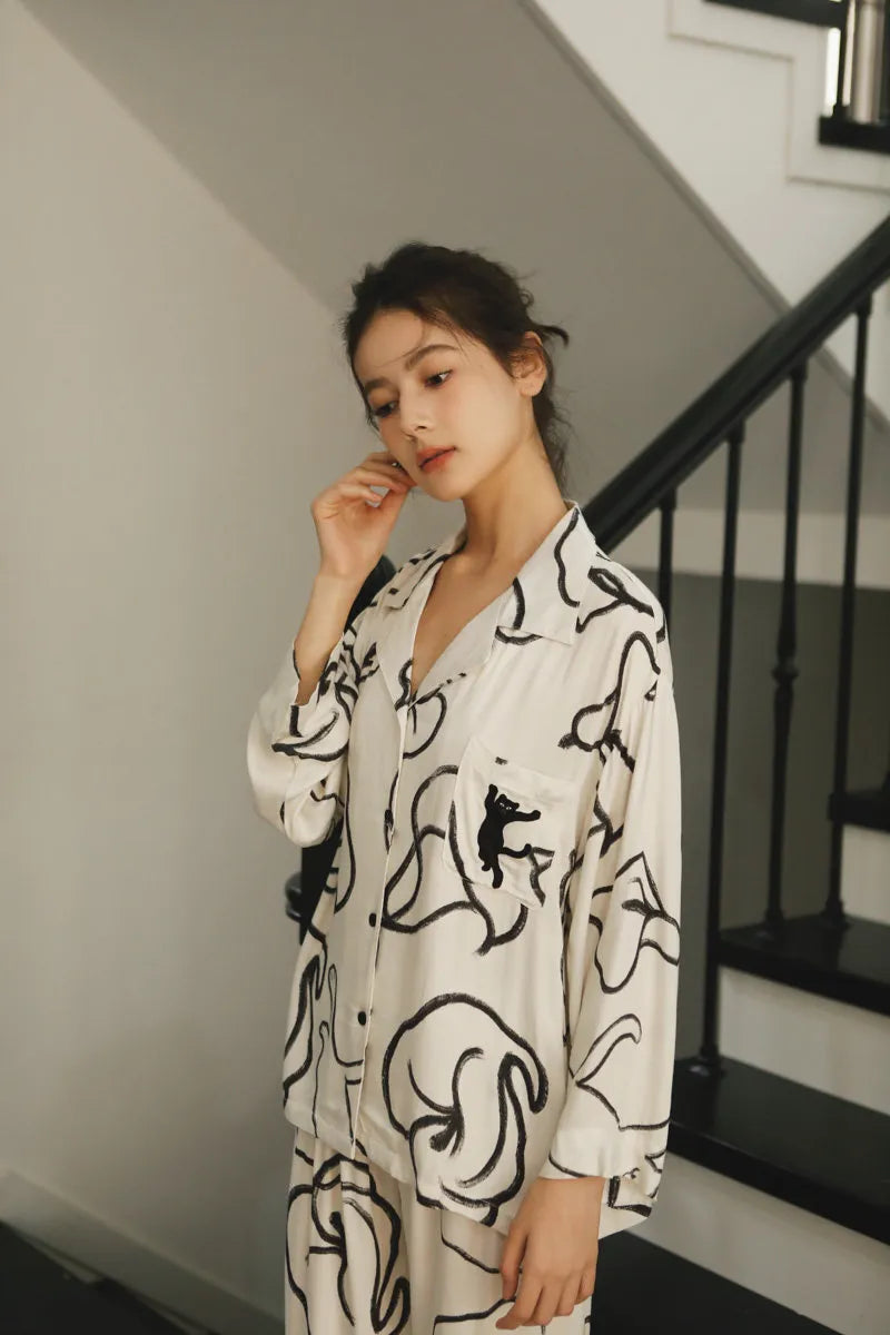 Silky Abstract Cat Sketch Cotton Sateen Pajama Set