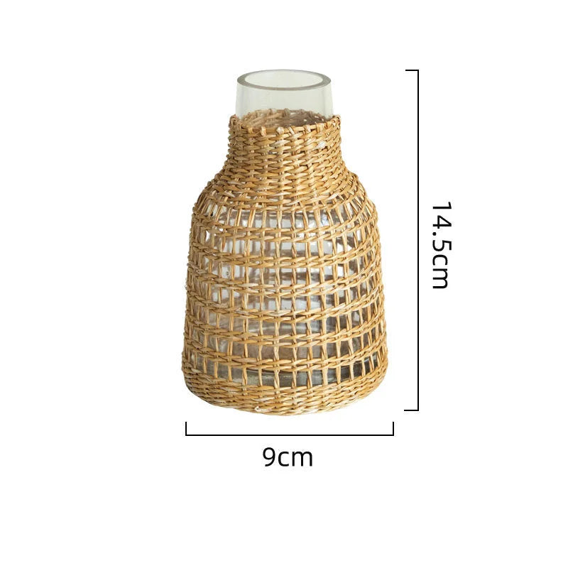 Handwoven Rattan & Glass Bud Vase