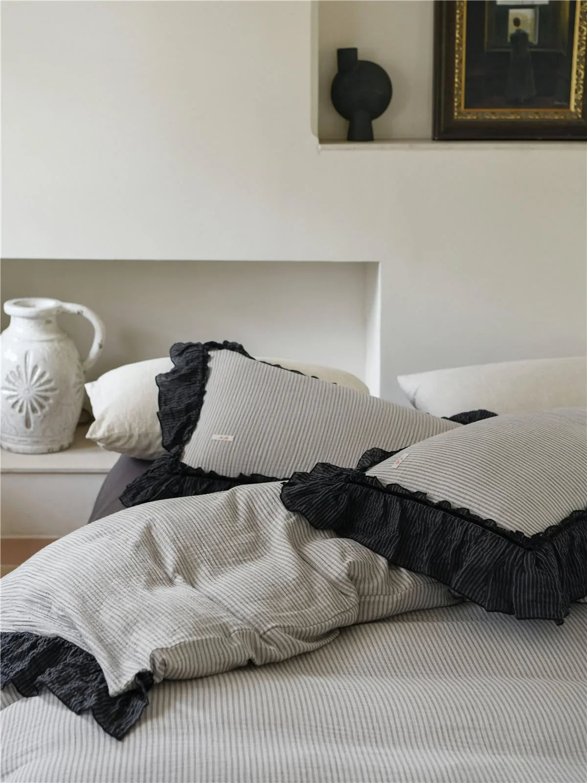 Ruffle Trim Pinstripe Washed Cotton Bedding Set