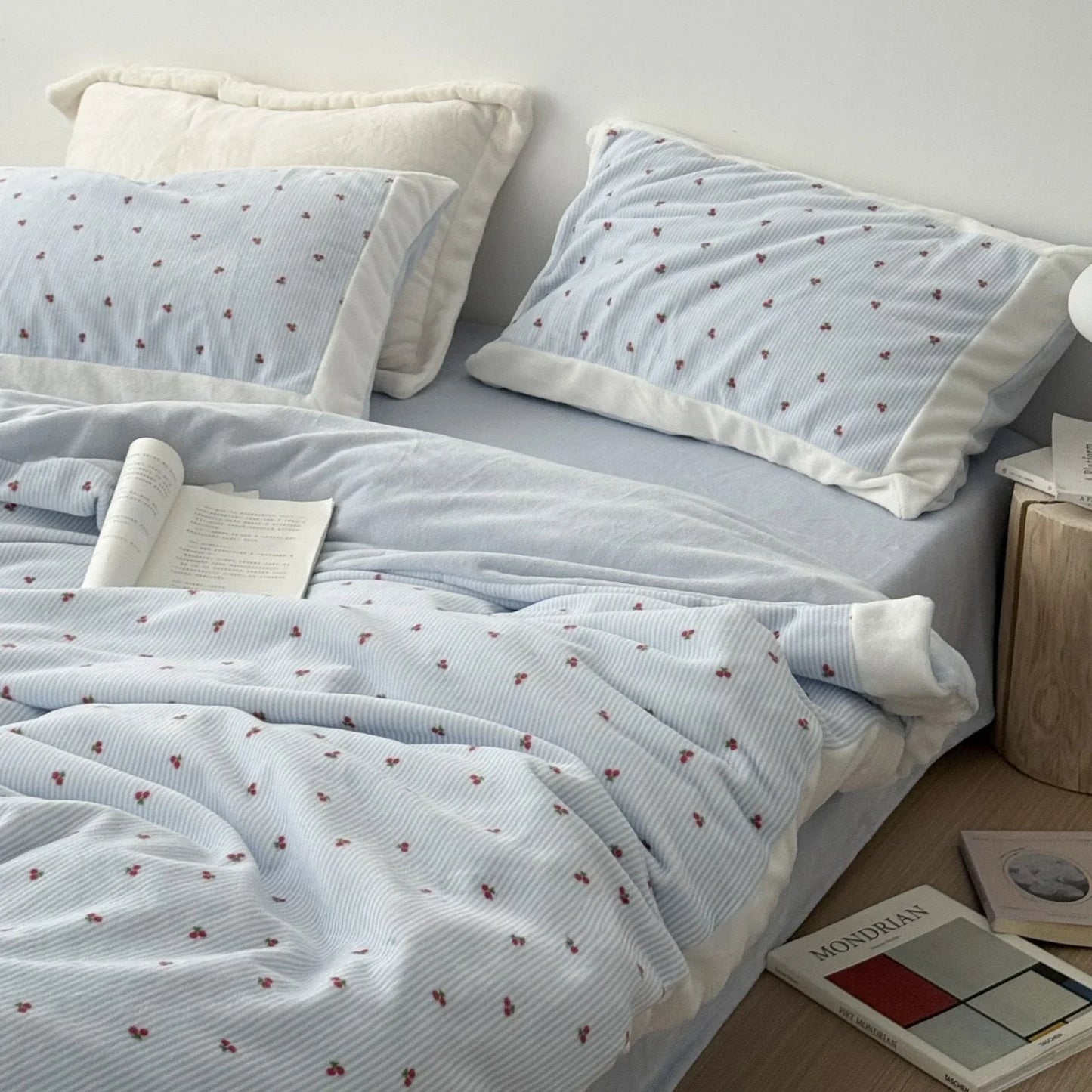 Plush Cherry Pinstripe Fleece Bedding Set