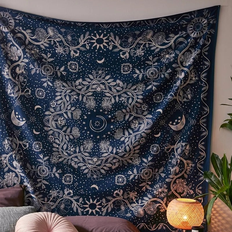 Blue Moon Floral Mandala Tapestry AESTHETIC_Boho AESTHETIC_Fairycore AESTHETIC_Witchcore fairy SUB CATEGORY_Tapestries