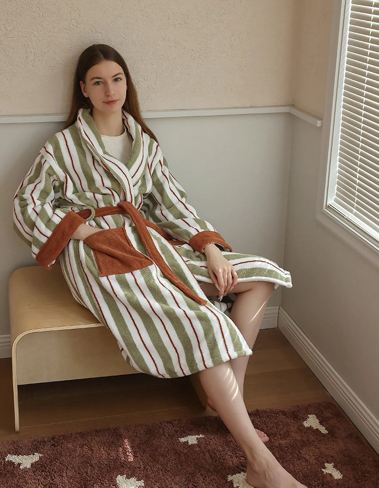Plush Sage Striped Long-Staple Cotton Robe