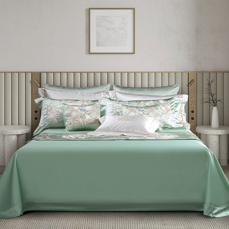 Esana Green Embroidered Egyptian Cotton Satin Bedding Set