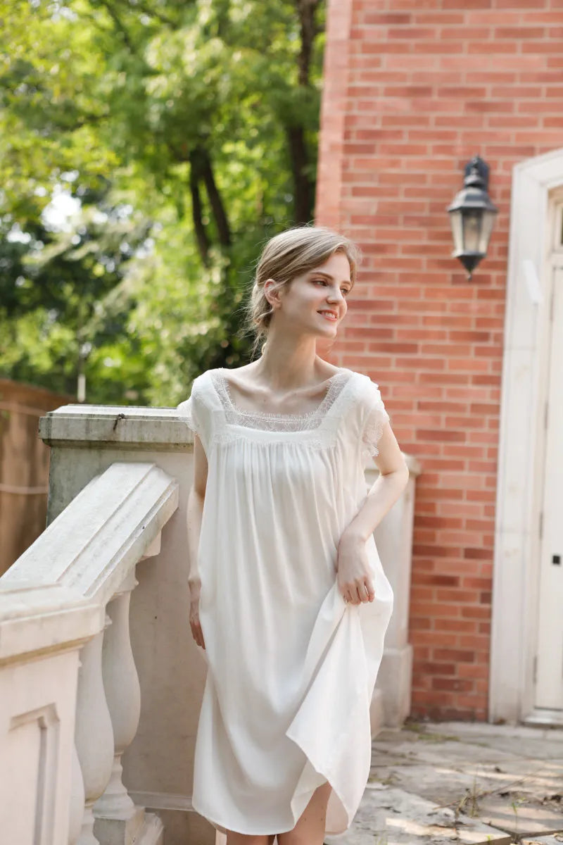 Silky Soft Lace Trim Cotton Sateen Pajama Dress