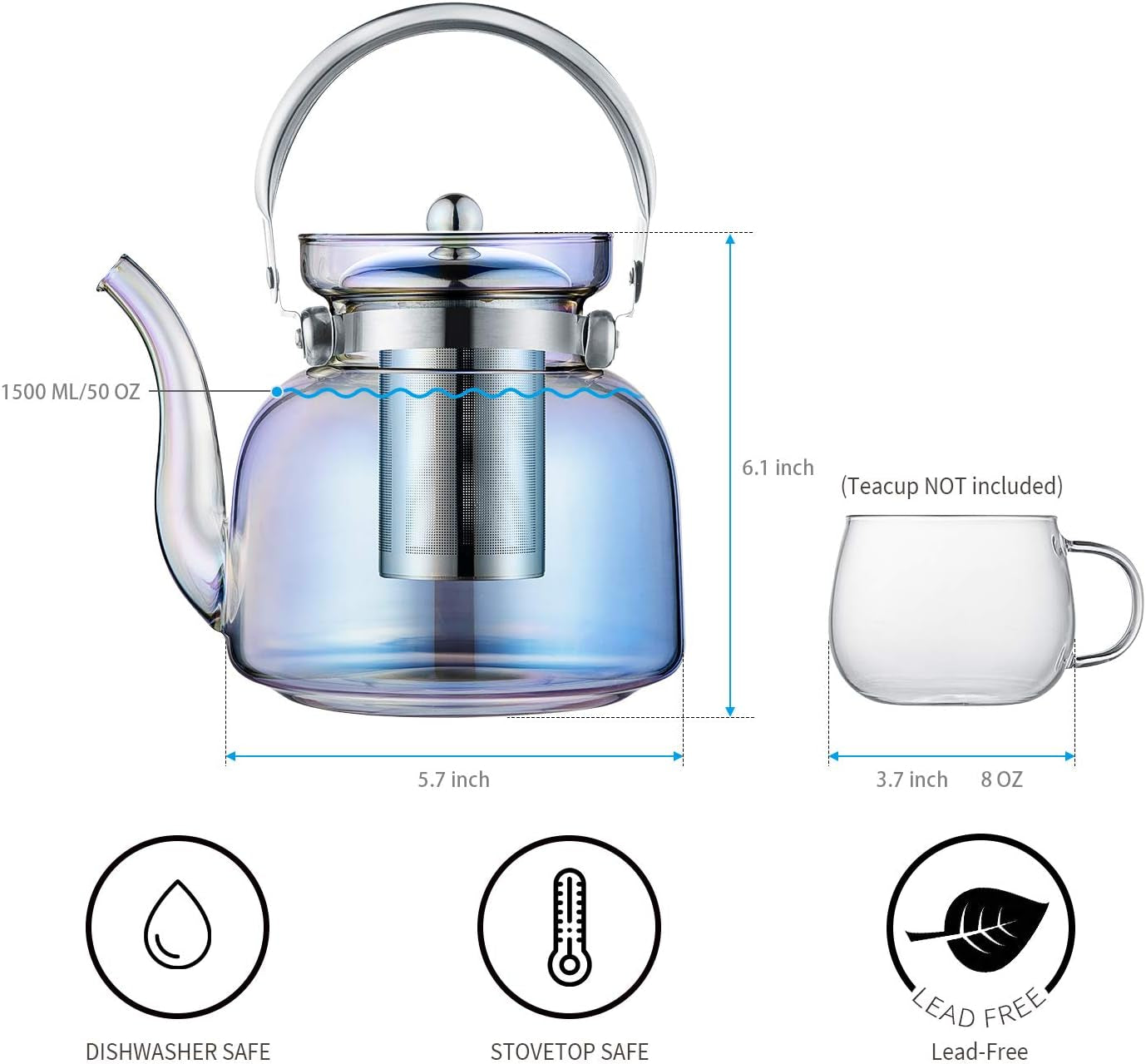50 Oz(1500Ml) Glass Teapot Kettle with Lid, Removable Stainless Steel Infuser and Handle, Stovetop Safe Tea Maker for Blooming and Loose Leaf Tea(Iridescent) Dining & Entertaining Dinnerware & Serveware Home & Kitchen Kitchen & Dining Teapots Teapots & Coffee Servers
