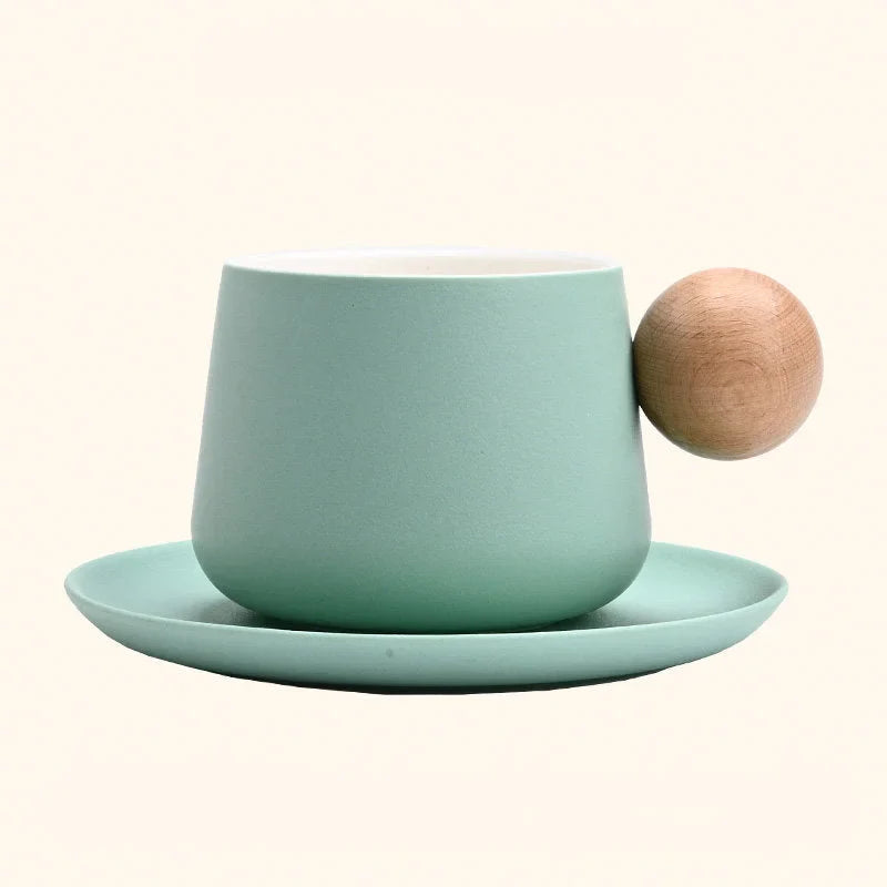 Frosted Ceramic Mug and Saucer with Wooden Ball Handle