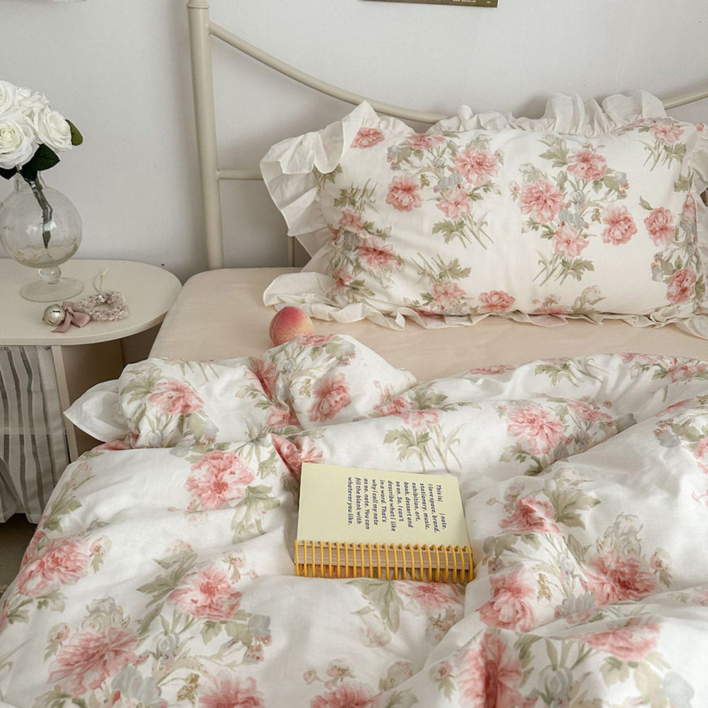 Cottage Rose Creamy White Ruffle Bedding Set