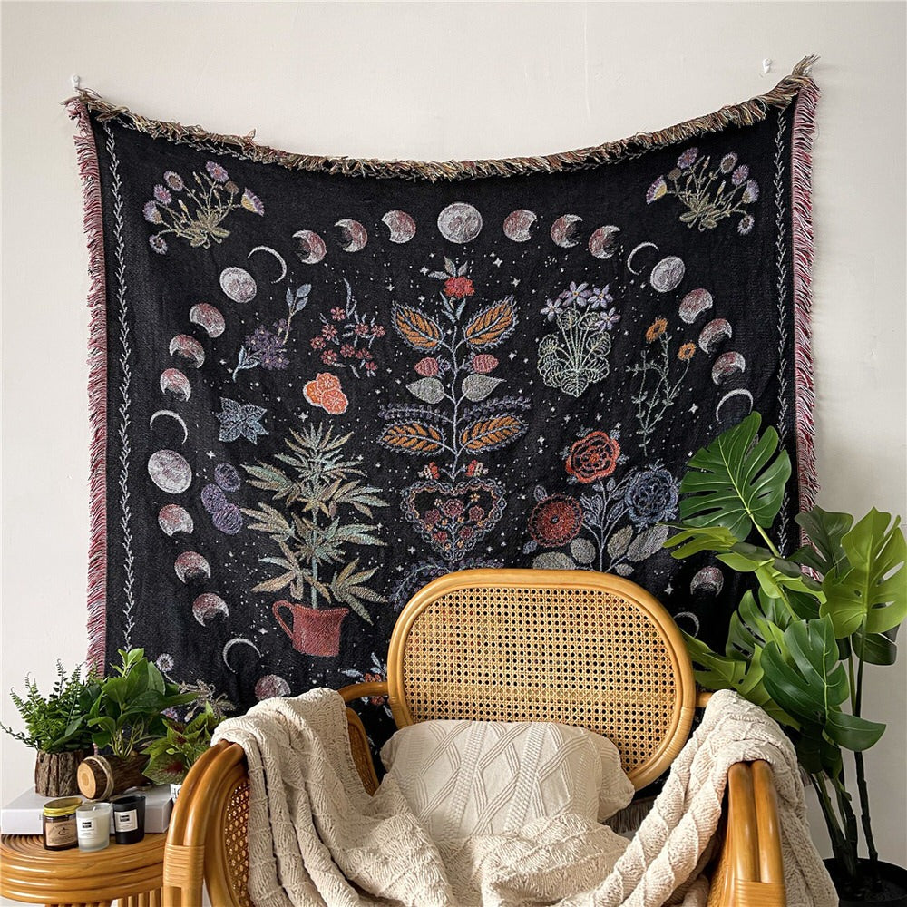 Floral Moon Phases Woven Throw Blanket AESTHETIC_Cottagecore AESTHETIC_Fairycore SUB CATEGORY_Throw Blankets
