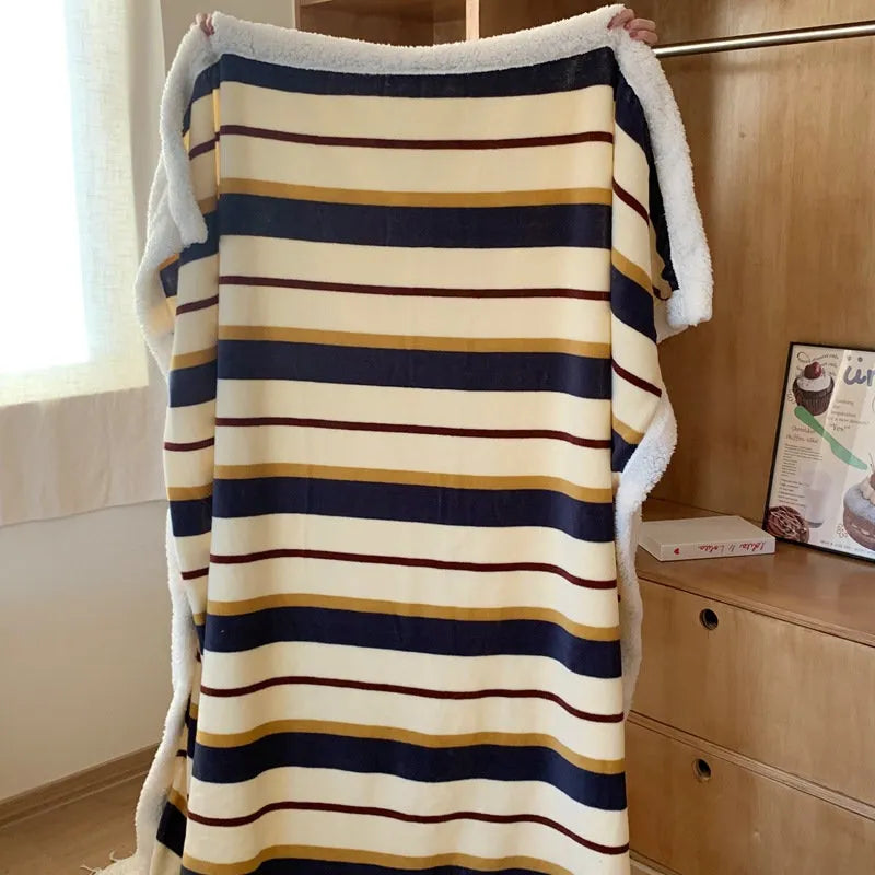 Cozy Striped Flannel Fleece Sherpa Blanket