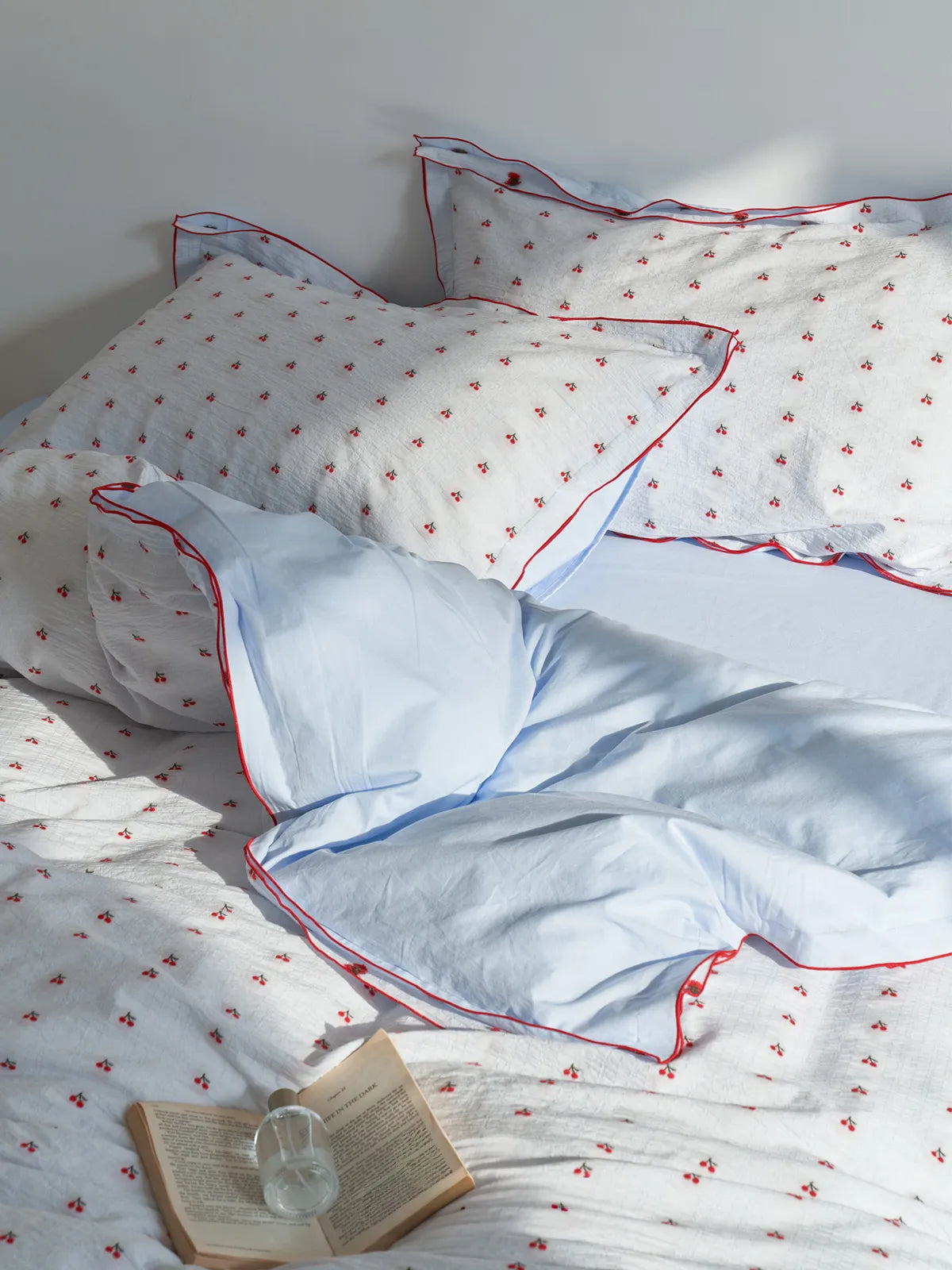 Ruffled Cherry Print Washed Cotton Bedding Set
