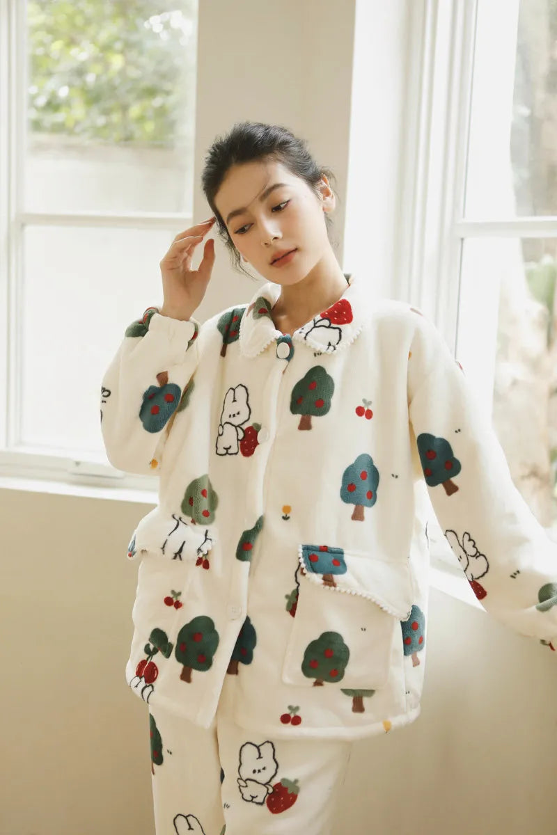 Plush Bunny & Strawberry Flannel Fleece Pajama Set