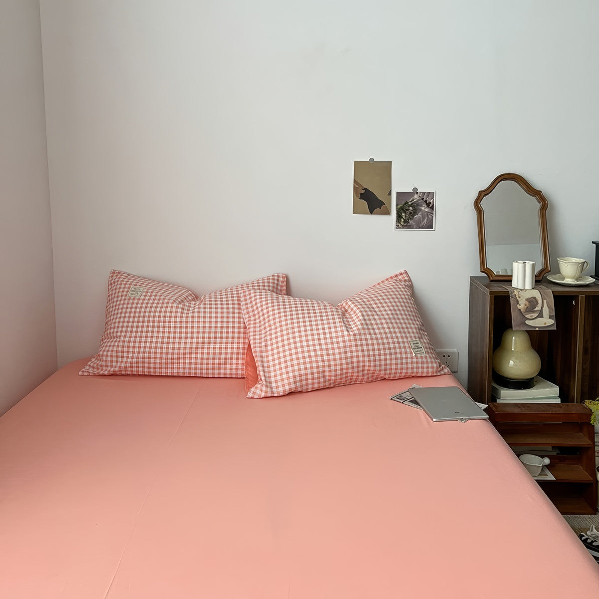 Peachy Pink Gingham Bedding Set