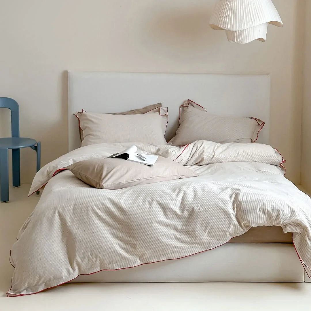 Soft Ruffle Pinstripe Washed Cotton Bedding Set